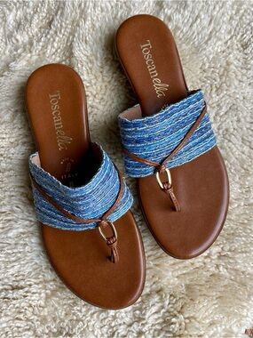 Blue Woven Leather Slide Sandals